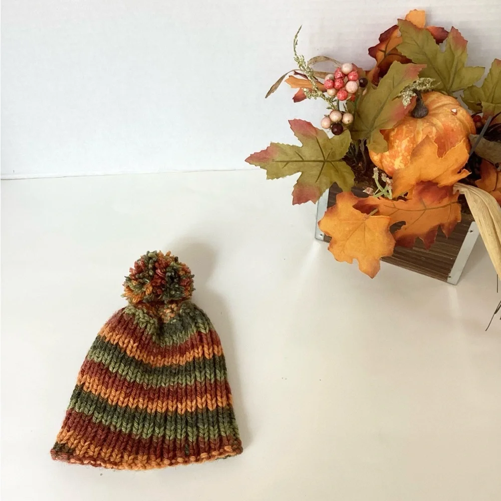 Hat Beanie Hand Crafted Baby Pom Pom Knit Green Rust Orange Knit Fall